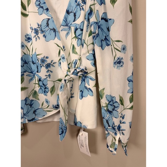 YUMI KIM Wrap Blouse Blue Floral Print Long Sleeve Tie Waist Size L NWT - Picture 4 of 14